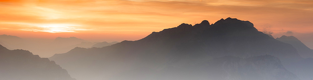 Panoramic of Monte Resegone and Monte Due Mani at dawn, Monte Coltignone, Lecco, Lombardy, Italian Alps, Italy, Europe