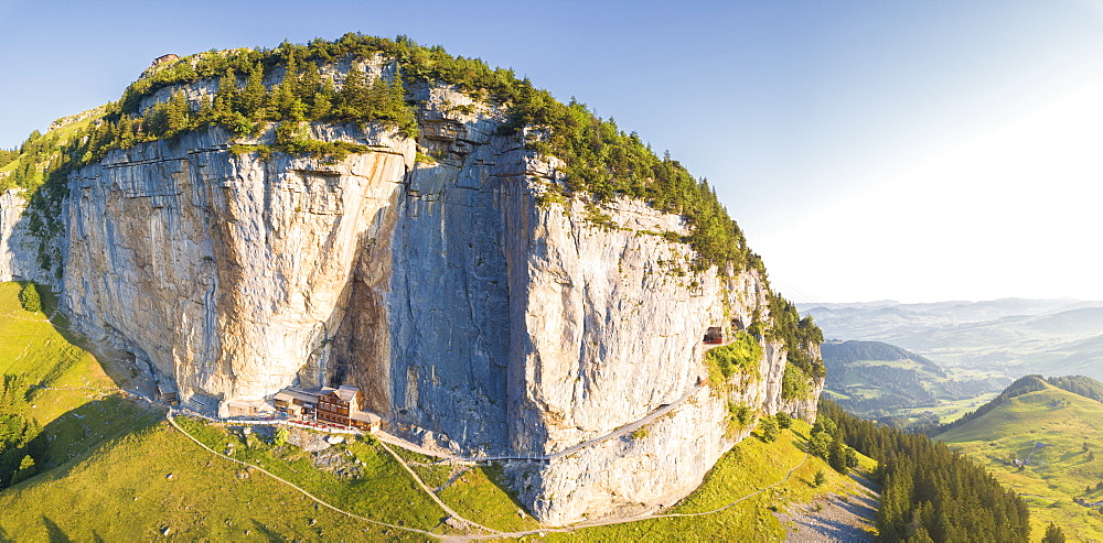 Aerial panoramic of Aescher-Wildkirchli Gasthaus, Ebenalp, Appenzell Innerrhoden, Switzerland, Europe