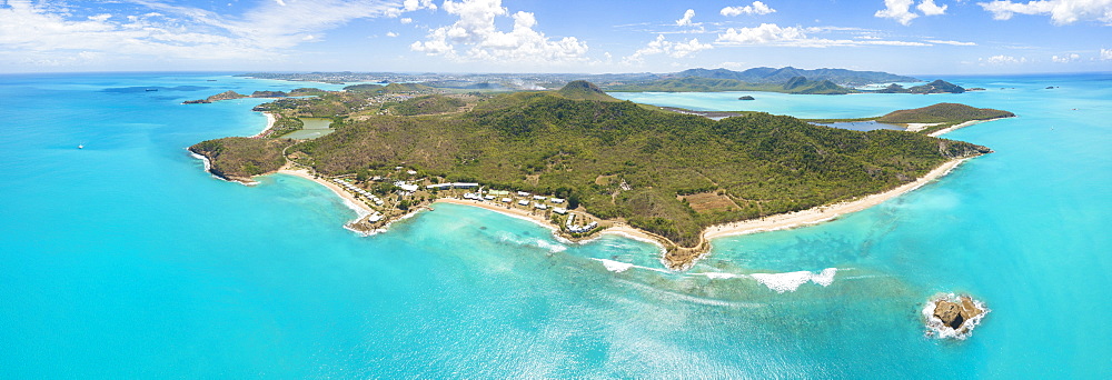 Panoramic elevated view of Hawksbill Bay and Landing Bay, Antigua, Antigua and Barbuda, Leeward Islands, West Indies, Caribbean, Central America