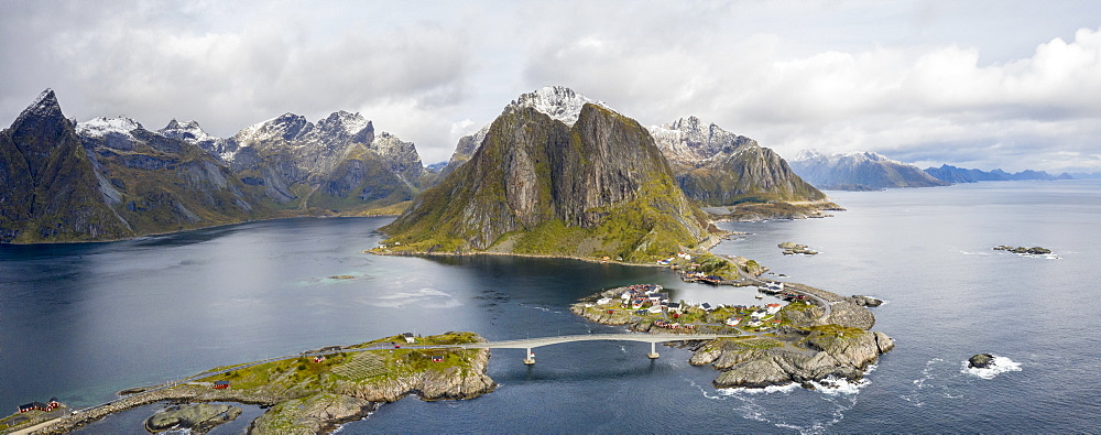 Panorama of Hamnoy by mountains in Reine, Norway, Europe