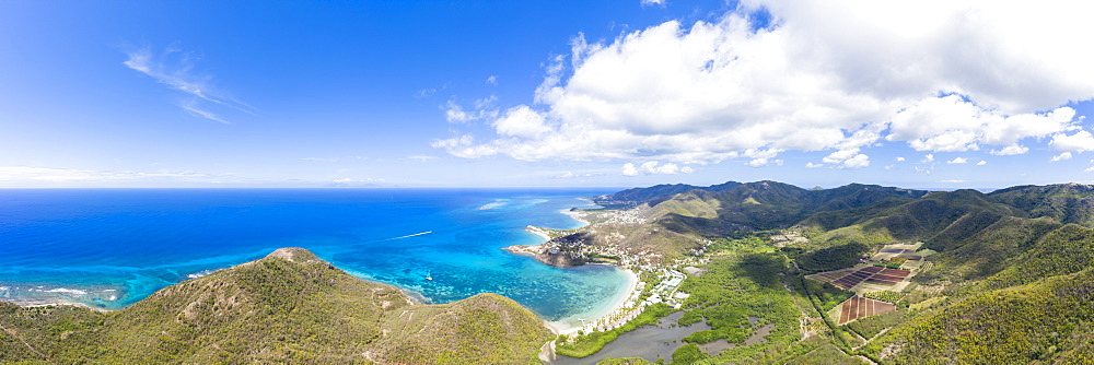 Aerial panoramic by drone of Carlisle Bay Beach, Old Road Village and Pinefield Plantation, Antigua, Leeward Islands, West Indies, Caribbean, Central America