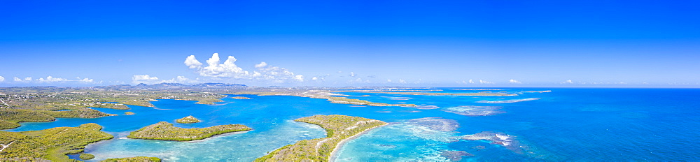 Aerial panoramic by drone of coral reef in the crystal clear Caribbean Sea, Antilles, West Indies, Caribbean, Central America