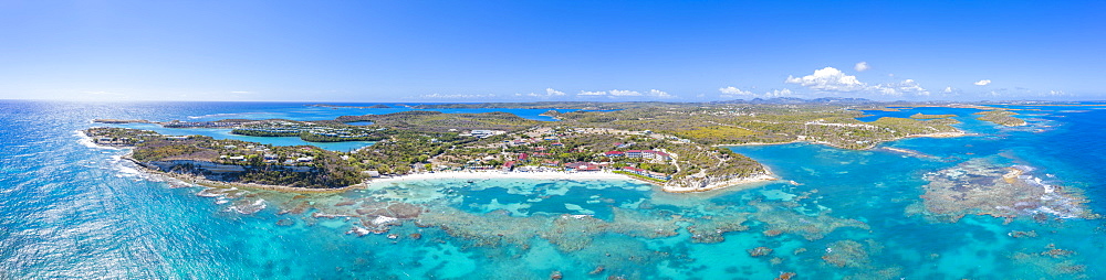 Aerial panoramic by drone of the coral reef around Long Bay, Antigua, Antigua and Barbuda, Leeward Islands, West Indies, Caribbean, Central America