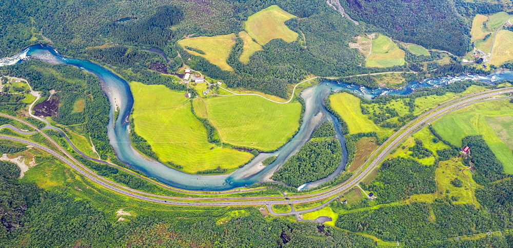 Aerial view of Rauma river and green valley from Romsdalseggen ridge, Andalsnes, More og Romsdal county, Norway, Scandinavia, Europe