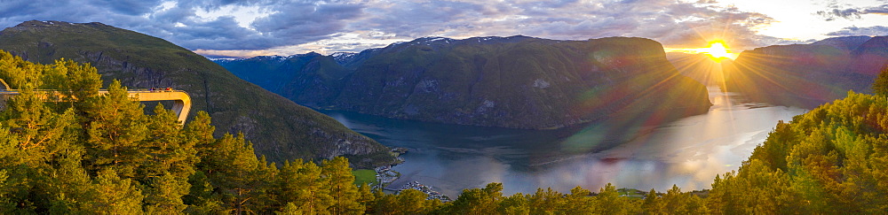 Aerial panoramic of sunset over Stegastein viewpoint above Aurlandsfjord, Sogn og Fjordane county, Norway, Scandinavia, Europe