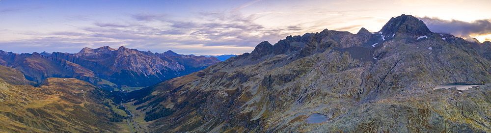 Aerial panoramic of Spluga road towards Splugen and Laghi Azzurri (Bergseeli), canton of Graubunden, Switzerland, Europe