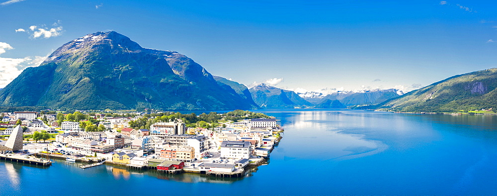 Aerial panoramic by drone of Andalsnes town and fjord, Rauma municipality, More og Romsdal county, Norway, Scandinavia, Europe