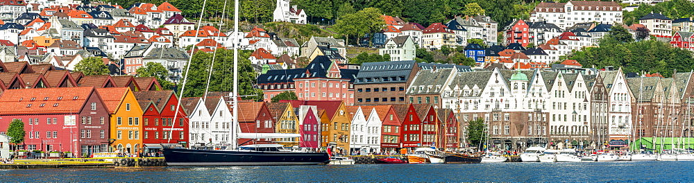 Panoramic of the multi coloured facades of buildings in Bryggen, UNESCO World Heritage Site, Bergen, Hordaland County, Western Fjords region, Norway, Scandinavia, Europe