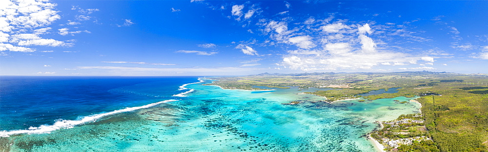 Turquoise coral reef meeting the waves of the Indian Ocean, aerial view, Poste Lafayette, East coast, Mauritius, Indian Ocean, Africa