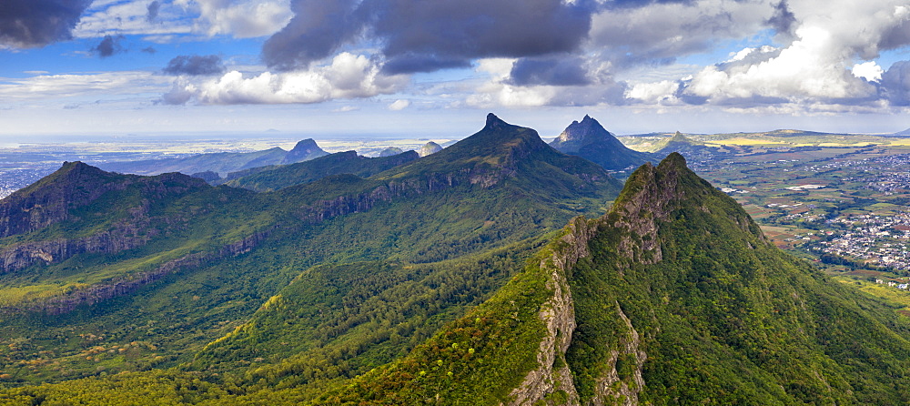 Aerial panoramic of Le Pouce mountain, Moka Range, Port Louis, Mauritius, Africa