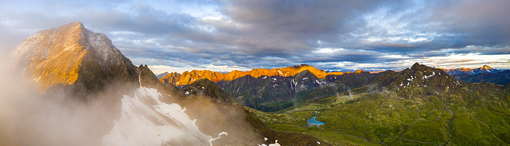 Aerial panoramic of Corno dei Tre Signori and Gavia Pass at dawn, Valtellina, Sondrio province, Lombardy, Italy, Europe