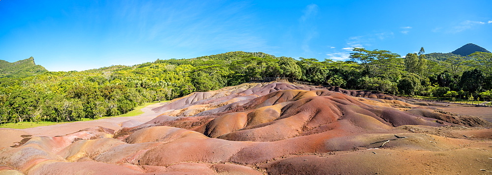 Panoramic of The Seven Colored Earth Geopark, volcanic geological formations, Chamarel, Black River, Mauritius, Indian Ocean, Africa