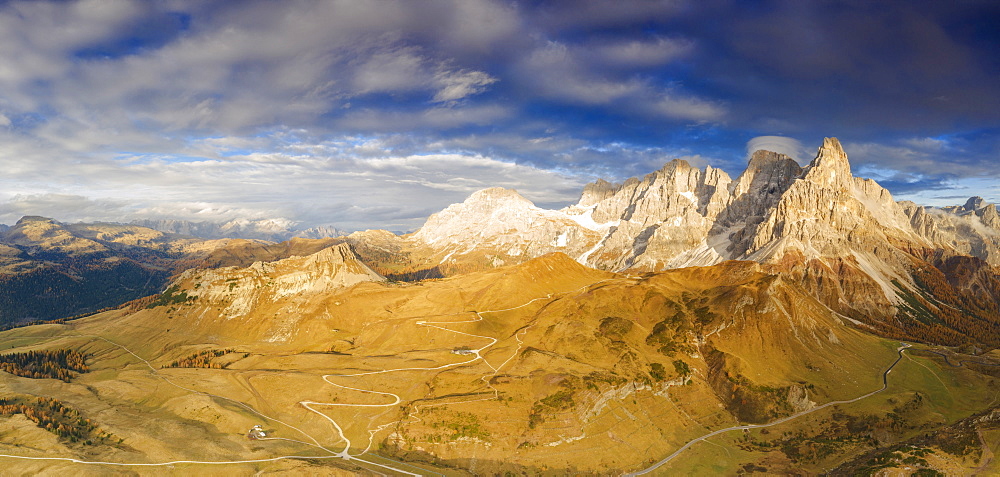 Aerial panoramic of Cimon della Pala and Castellaz in autumn, Pale di San Martino, Rolle Pass, Dolomites, Trentino, Italy, Europe