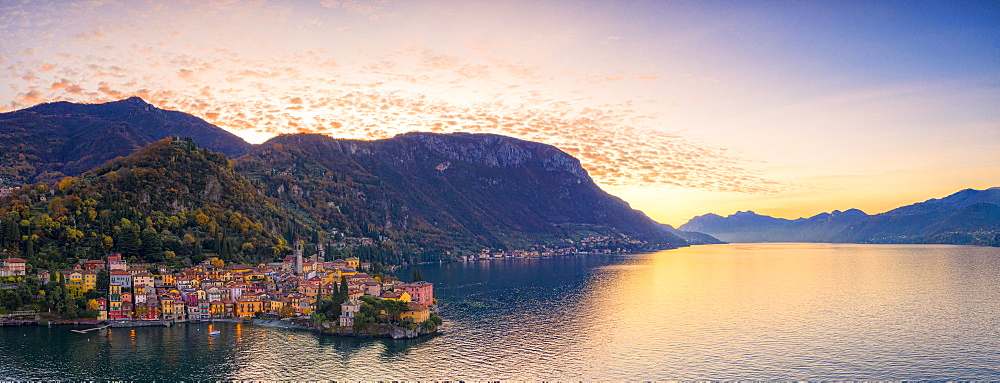 Panoramic aerial view of Varenna and Lake Como at sunrise, Lecco province, Lombardy, Italian Lakes, Italy, Europe