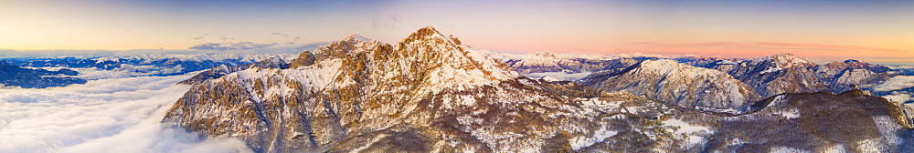 Panoramic aerial view of Grigne group during a foggy sunrise, Lake Como, Lecco province, Lombardy, Italy, Europe