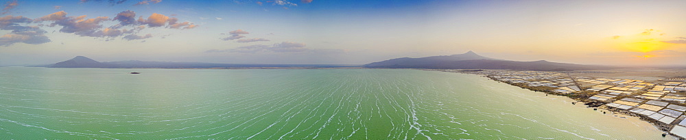 Aerial panoramic of Lake Afrera (Lake Afdera) and salt flats tanks, Danakil Depression, Afar Region, Ethiopia, Africa