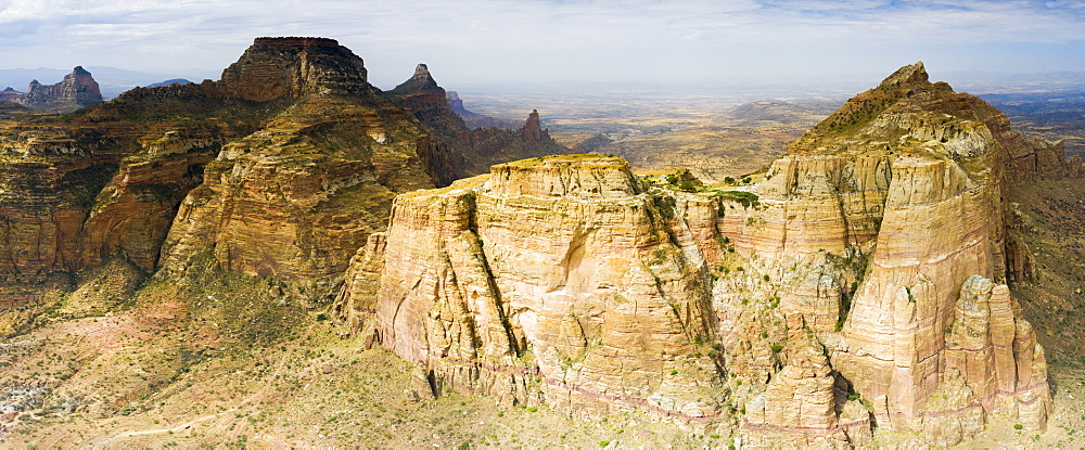 Aerial panoramic view by drone of majestic Gheralta Mountains canyons and cliffs, Tigray Region, Ethiopia, Africa