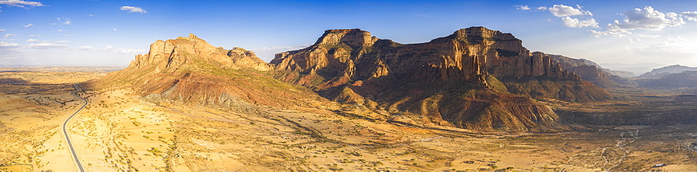 Aerial panoramic by drone of the desert valley at feet of Gheralta Mountains, Hawzen, Tigray Region, Ethiopia, Africa