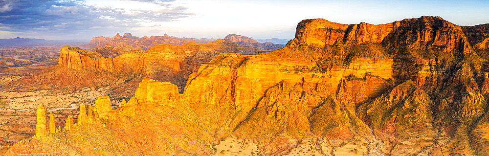 Sunset over red rocks of Gheralta Mountains, aerial view by drone, Hawzen, Tigray Region, Ethiopia, Africa