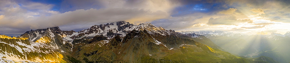 Aerial view of Monte Disgrazia and Bernina mountain range at dawn, Valmalenco, Valtellina, Lombardy, Italy, Europe