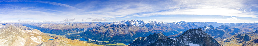 Panoramic aerial view of Piz Julier, Piz Albana and St. Moritz in the background, Engadine, canton of Graubunden, Switzerland, Europe