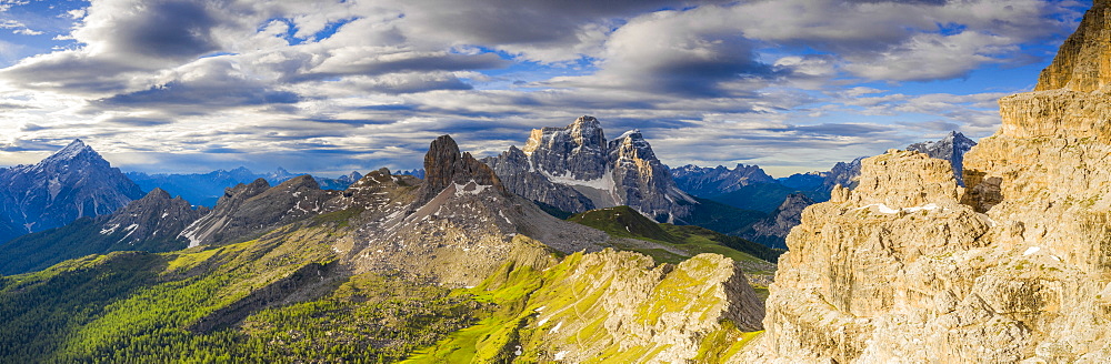 Clouds over Becco di Mezzodi, Monte Pelmo and Antelao, aerial view, Dolomites, Belluno province, Veneto, Italy, Europe