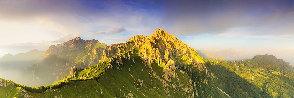 Panoramic of Rifugio Rosalba and Grigne group at sunset, aerial view, Lake Como, Lecco province, Lombardy, Italy, Europe