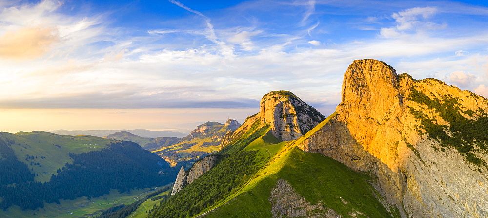 Overview of Staubern and Hoher Kasten mountains from Saxer Lucke at sunset, Appenzell Canton, Alpstein Range, Switzerland, Europe