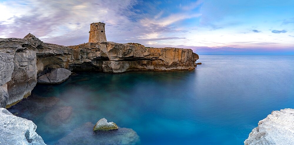 Torre Miggiano old tower and crystal sea at sunset, Santa Cesarea Terme, Porto Miggiano, Lecce province, Salento, Apulia, Italy, Europe