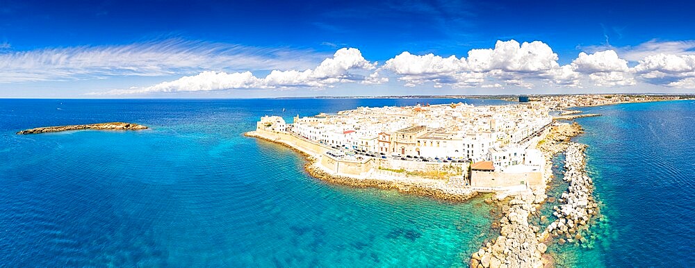 Aerial panoramic of white buildings in the seaside town of Gallipoli, Lecce province, Salento, Apulia, Italy, Europe