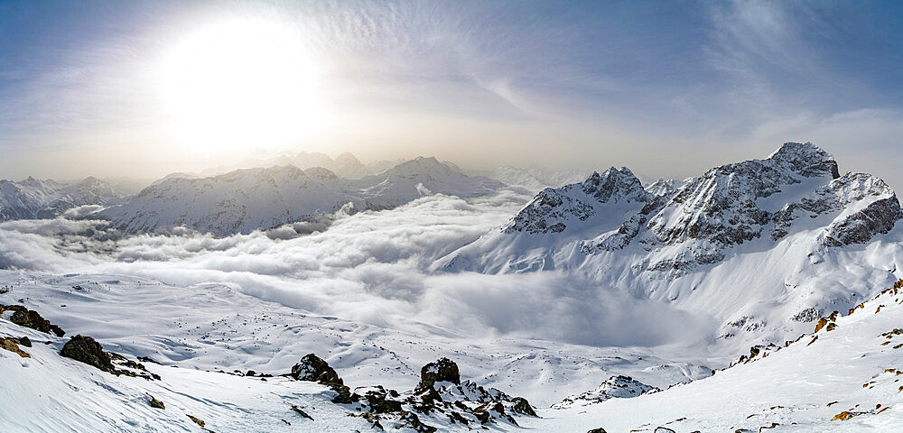 Panoramic of snow capped mountains of Upper Engadine from Piz Nair, canton of Graubunden, Switzerland, Europe