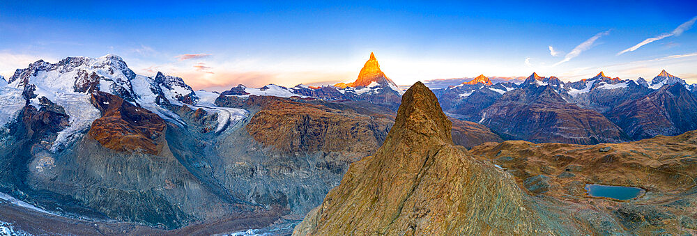 Aerial view of Breithorn, Matterhorn, Dent Blanche, Obergabelhorn, Zinalrothorn and Weisshorn, Zermatt, Valais canton, Switzerland, Europe