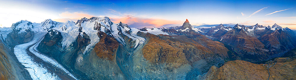 Aerial view of Gorner Glacier (Gornergletscher) and Matterhorn at dawn, Zermatt, canton of Valais, Switzerland, Europe