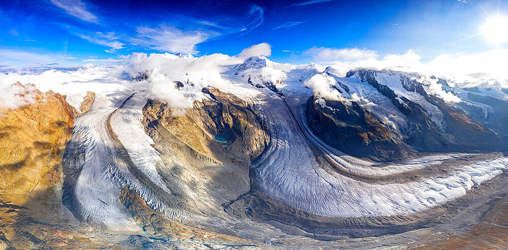 Sunny clear sky over Gorner Glacier (Gornergletscher), aerial view, Zermatt, canton of Valais, Switzerland, Europe