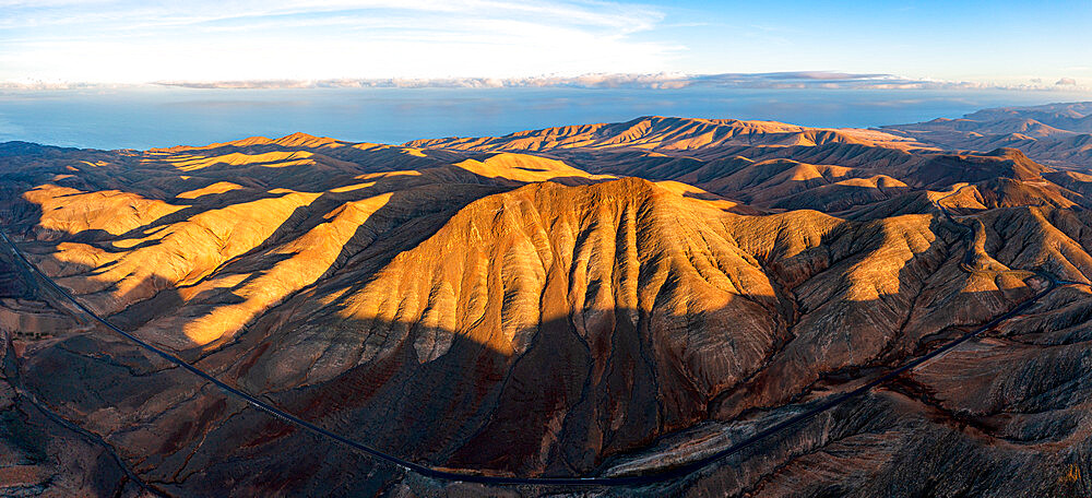 Aerial view of the desert mountain road towards Sicasumbre astronomical viewpoint, Fuerteventura, Canary Islands, Spain, Atlantic, Europe