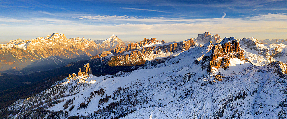 Cinque Torri, Sorapiss, Antelao, Pelmo, Averau and Lastoi De Formin mountains at sunset, aerial view, Dolomites, Veneto, Italy, Europe