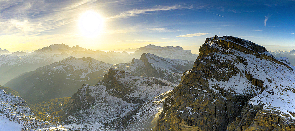 Aerial view of sunset over Mount Lagazuoi in autumn, Fanis Group, Dolomites, Belluno province, Veneto, Italy, Europe