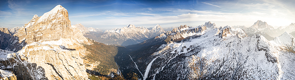 Aerial view of Tofana di Rozes, Sorapiss, Antelao, Pelmo, Nuvolau and Civetta peaks at sunset, Dolomites, Veneto, Italy, Europe