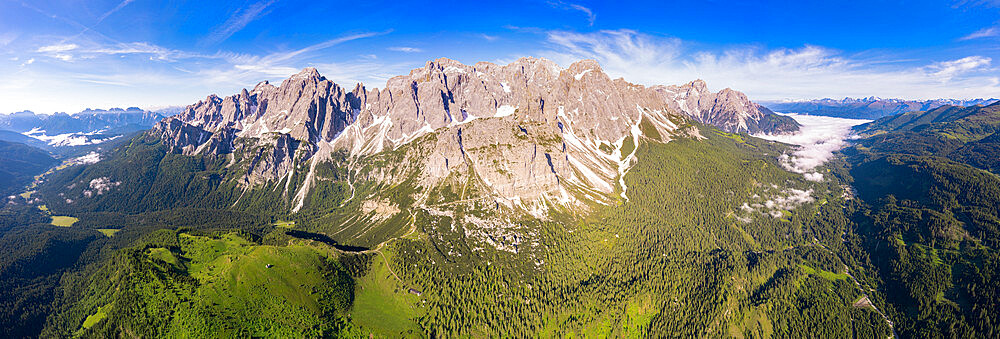 Popera group, Cima Undici, Croda Rossa di Sesto, Passo di Monte Croce, aerial view, Comelico, Sesto Dolomites, Italy, Europe