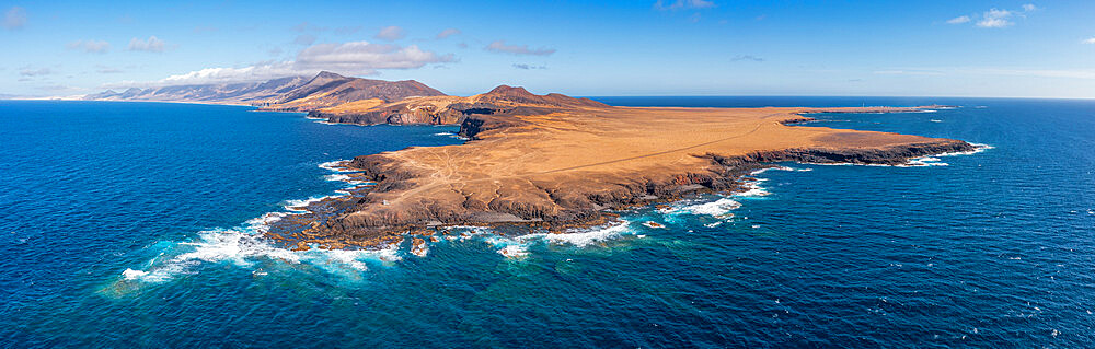 Aerial panoramic view of Punta Pesebre and Punta Jandia, southernmost headlands of Fuerteventura, Canary Islands, Spain, Atlantic, Europe