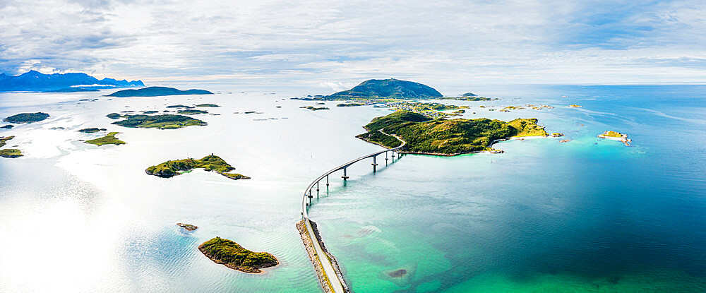 Aerial panoramic of Sommaroy bridge and crystal sea, Sommaroy, Troms county, Northern Norway, Scandinavia, Europe