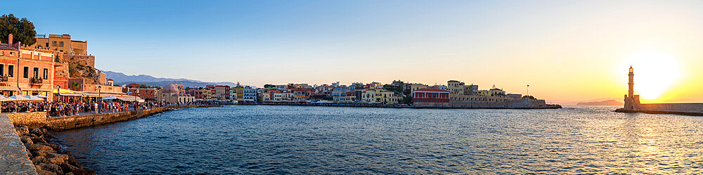 Lighthouse and Chania old town at sunset, Crete, Greek Islands, Greece, Europe