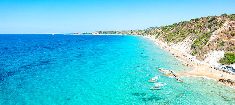 Aerial view of the crystal clear sea washing the golden sand of Paliolinos beach, Kefalonia, Ionian Islands, Greek Islands, Greece, Europe