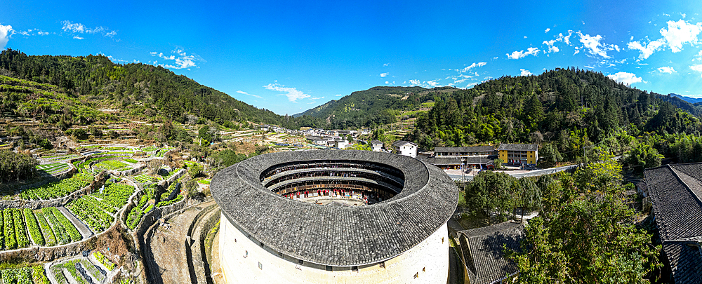 Panorama of Yuchang Fujian Tulou, rural dwelling of the Hakka, Fujian, China, Asia