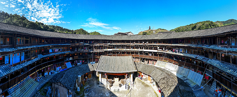 Panorama of Yuchang Fujian Tulou, rural dwelling of the Hakka, Fujian, China, Asia