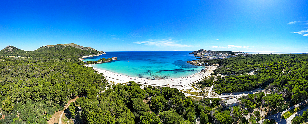 Aerial of Agulla beach, Mallorca, Balearic islands, Spain, Mediterranean, Europe