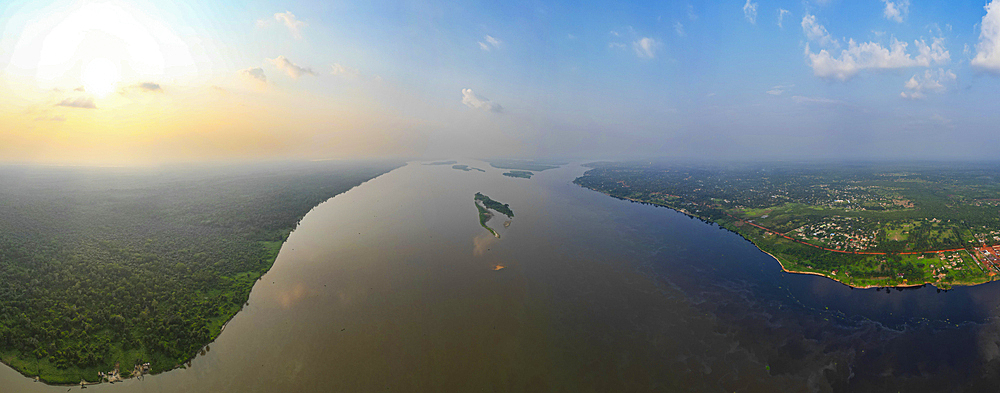 Aerial of the Congo River, Mbandaka, Equateur province, Democratic Republic of Congo, Africa