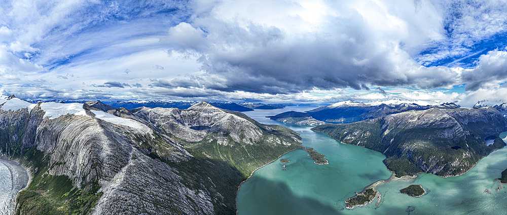 Aerial of Pia glacier and its fjord, Tierra del Fuego, Chile, South America