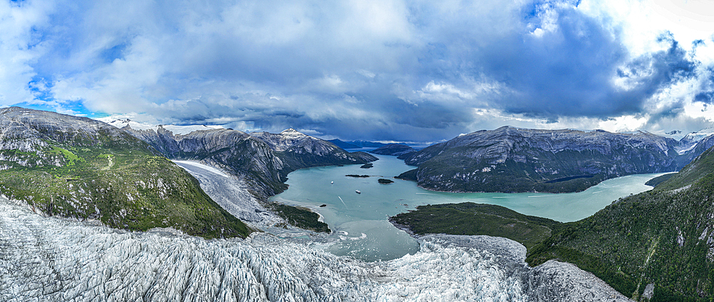 Aerial of Pia glacier and its fjord, Tierra del Fuego, Chile, South America