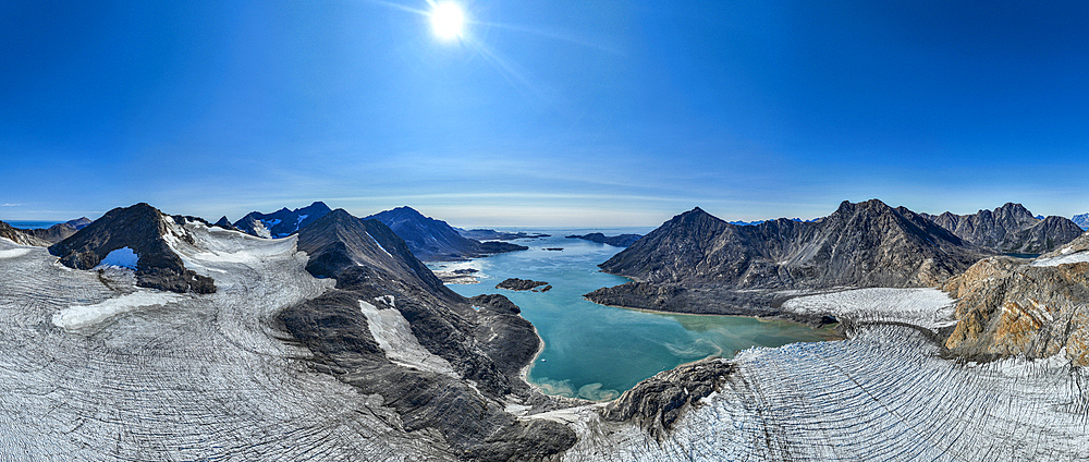 Panoramic aerial of Kulusuk fjord, Greenland, Denmark, Polar Regions